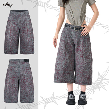 Heavy Industry Embroidery Washed Loose Cropped Shorts Retro American Hip Hop Street Trendy Casual Denim | Iron Bloom