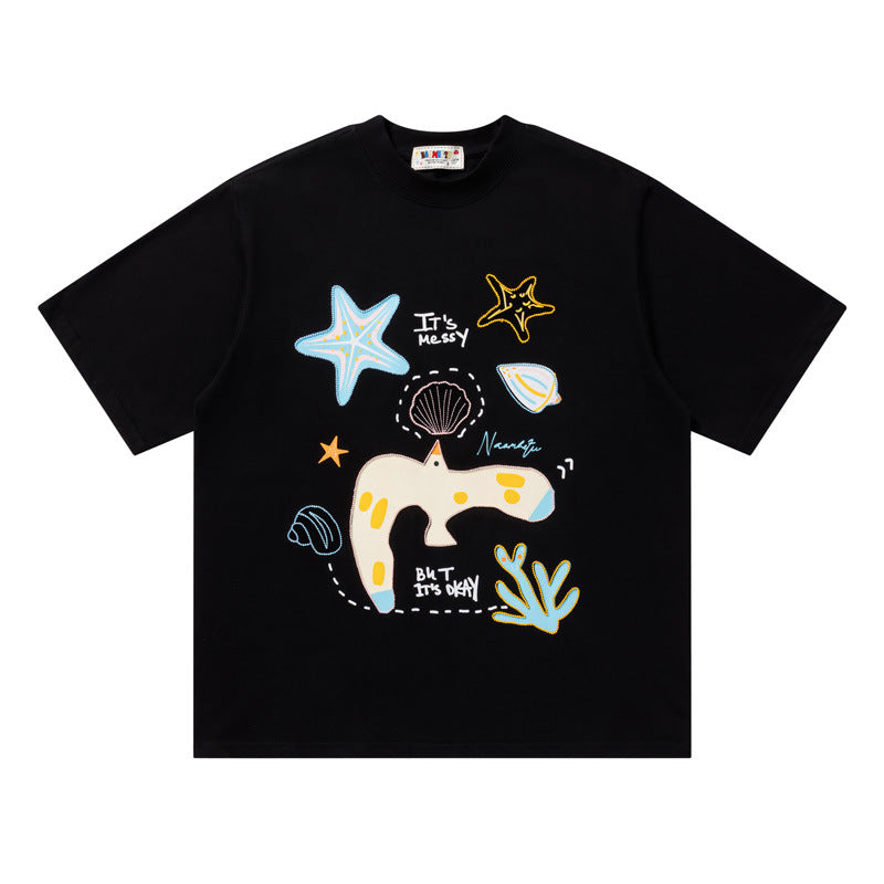 Ocean Doodle Graphic Oversized T-Shirt Short Sleeve Crew Neck Casual Summer Streetwear Tee | Ocean Doodle Tee