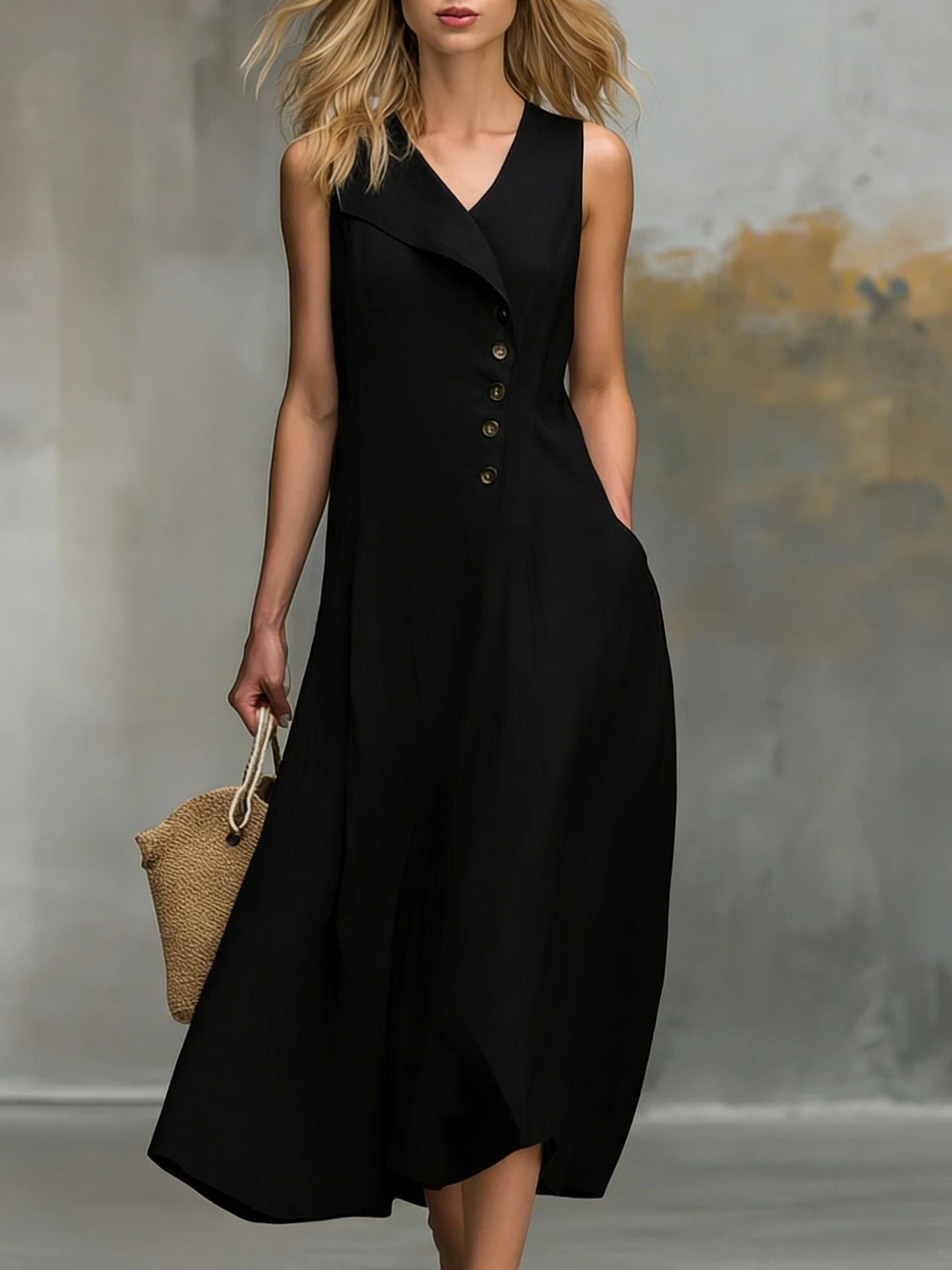 Women's Sleeveless Linen Midi Dress Button Front Lapel V Neck Casual A Line Summer Dress with Pockets - Seldom Seen Styles