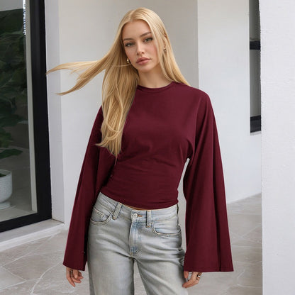 Women's Ruched Long Sleeve Top with Wide Sleeves Crew Neck Fitted Casual Blouse
