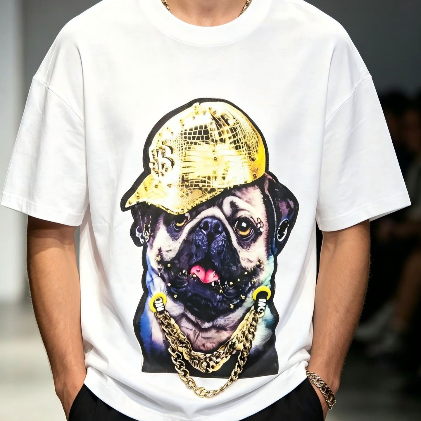 Graphic Print Short Sleeve T-Shirt Gold Chain Bulldog Oversized Loose Fit Heavy Industry Streetwear Couple Summer Casual Tee | Chain Pup Tee