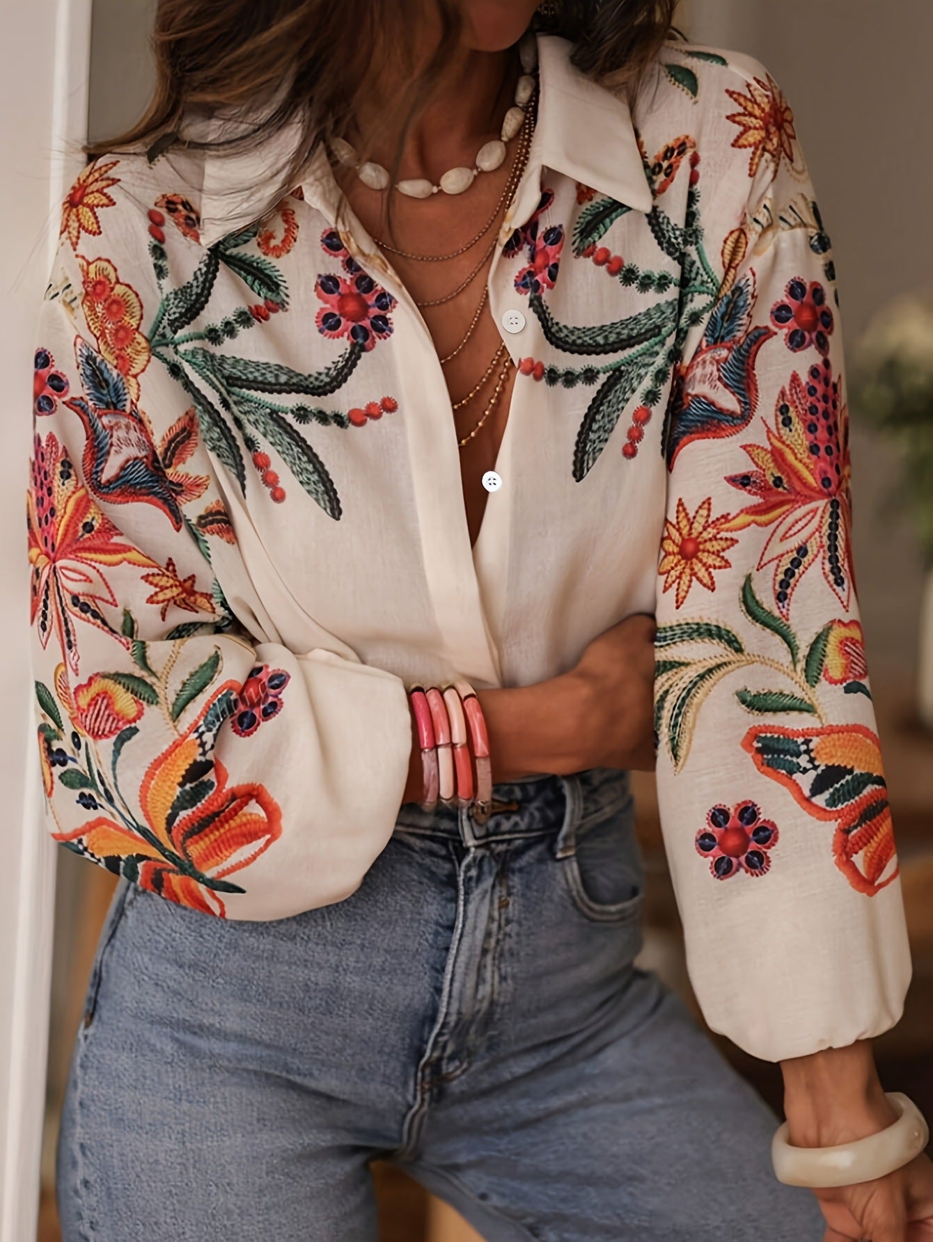 Women's clothing new loose long-sleeved digital printing shirt top - Seldom Seen Styles