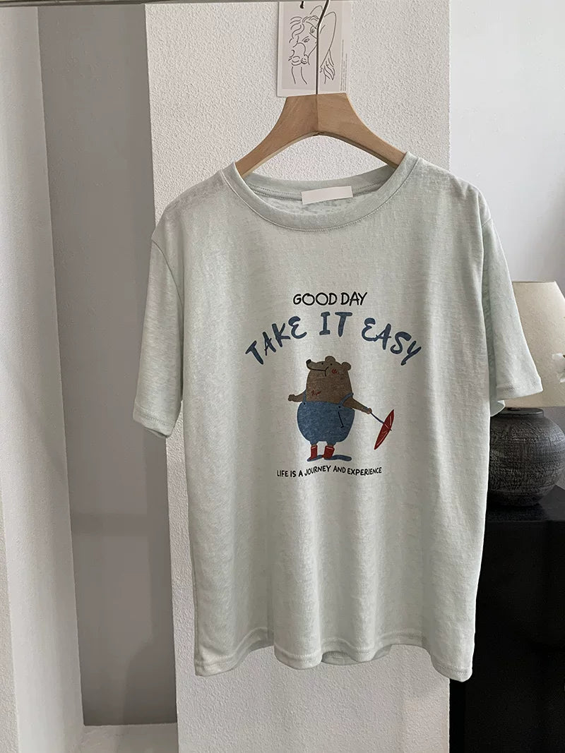 Retro Cartoon Bear Graphic T-Shirt – “Take It Easy” Loose Fit Casual Summer Tee - Seldom Seen Styles