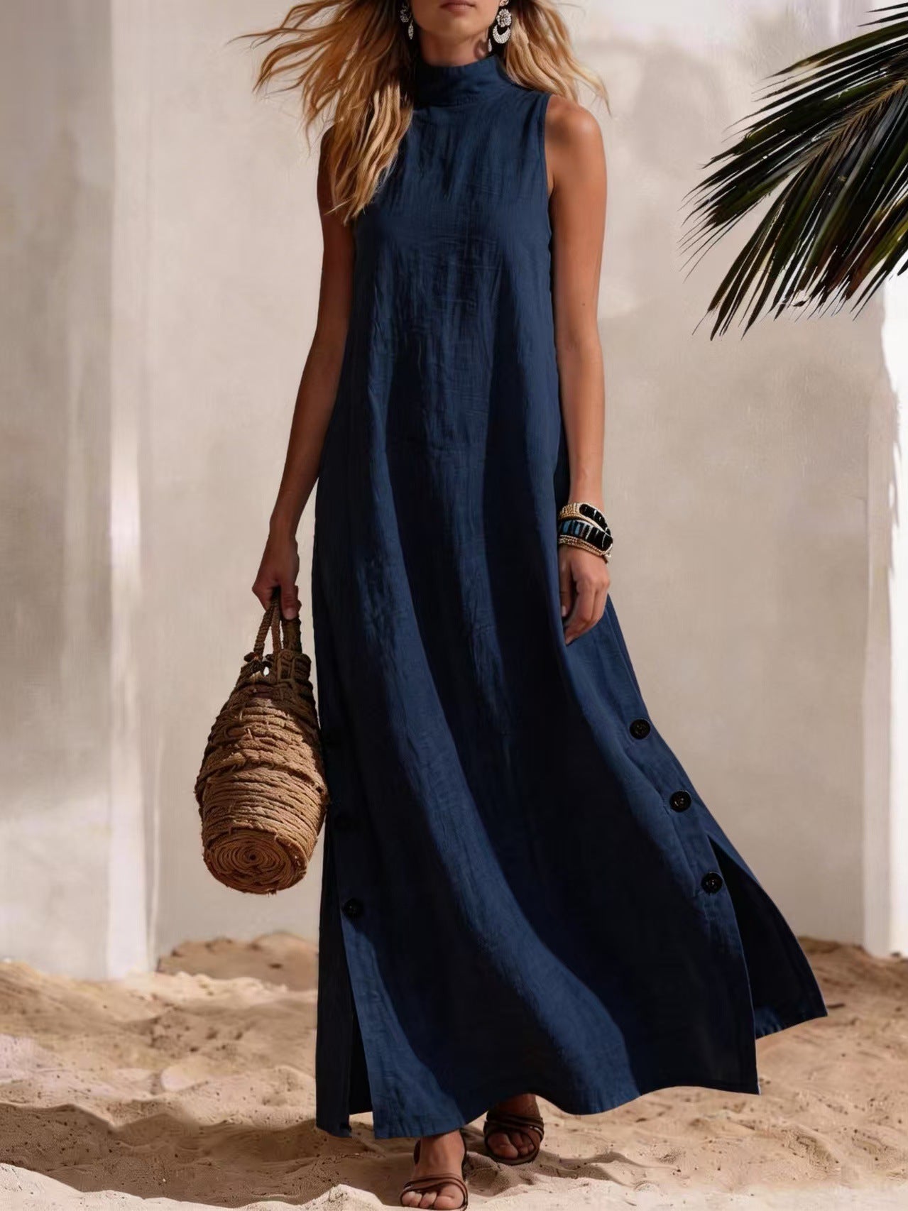 Women's Linen Maxi Dress Sleeveless Side Slit Beach Vacation Dress - Seldom Seen Styles