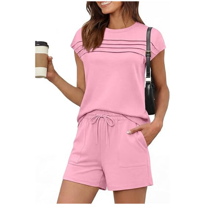 Women's Striped Two Piece Set Casual Loose Fit Crop Top and Shorts Summer Outfit