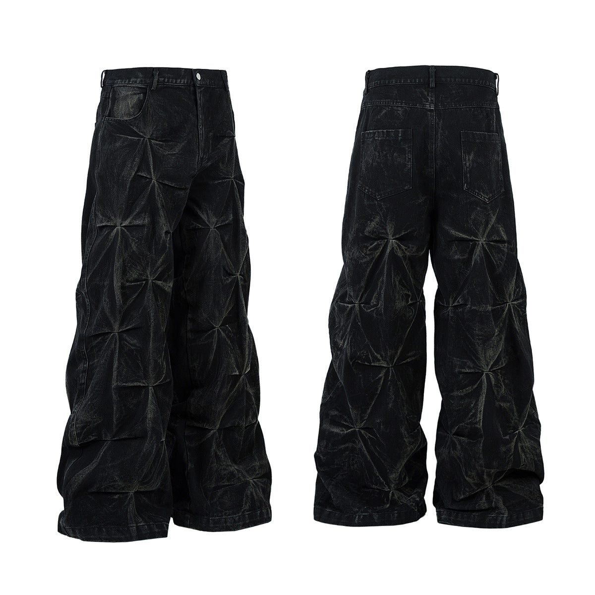 Heavy Washed Distressed Pleated Baggy Jeans