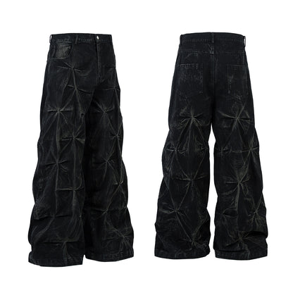 Heavy Washed Distressed Pleated Baggy Jeans