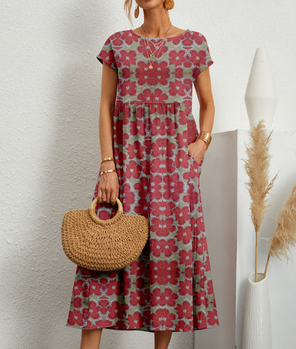 Women's Printed Cotton Linen Maxi Dress Casual Loose Summer Dress