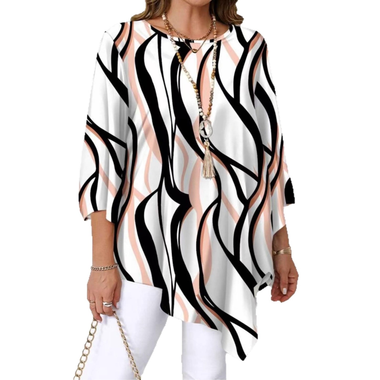 Women's Abstract Print Tunic Top Casual Loose Fit Blouse Asymmetrical Hem 3/4 Sleeve Plus Size Top