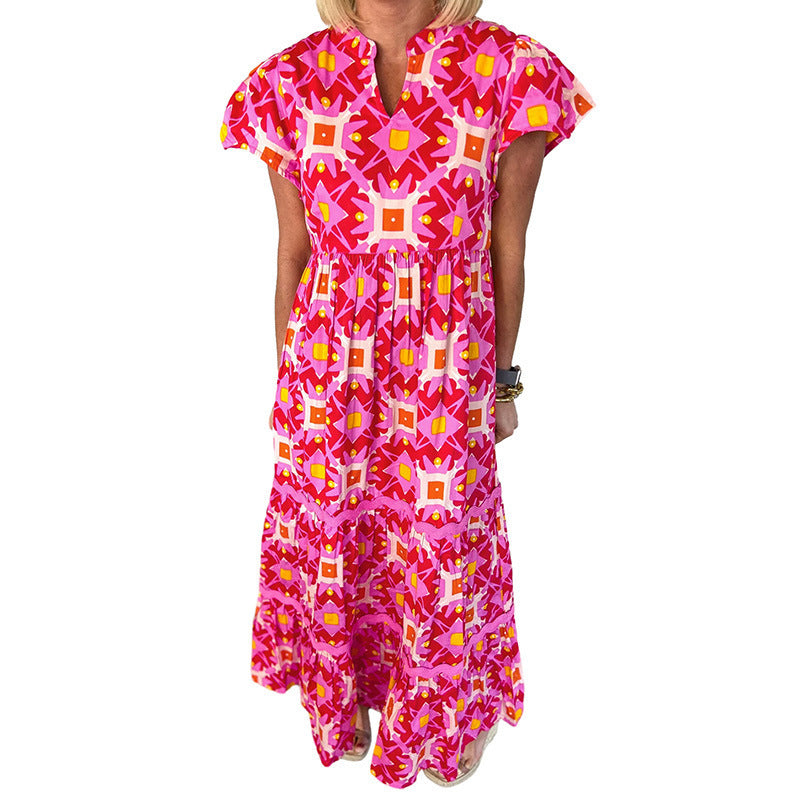 Women's Boho Print Maxi Dress V Neck Short Sleeve High Waist Summer Vacation Dress - Seldom Seen Styles