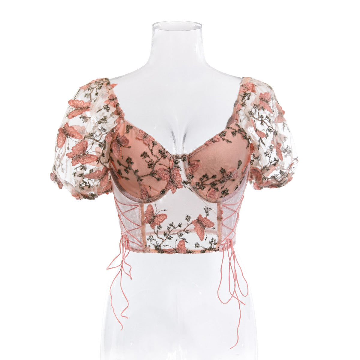 Embroidery Sweetheart Neck Short Sleeve Lace Trim Blouse - Seldom Seen Styles