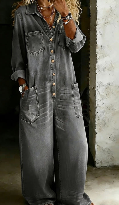 Women's Cotton Casual Jumpsuit Loose Fit Ankle Length Patch Pocket Summer Lounge Outfit