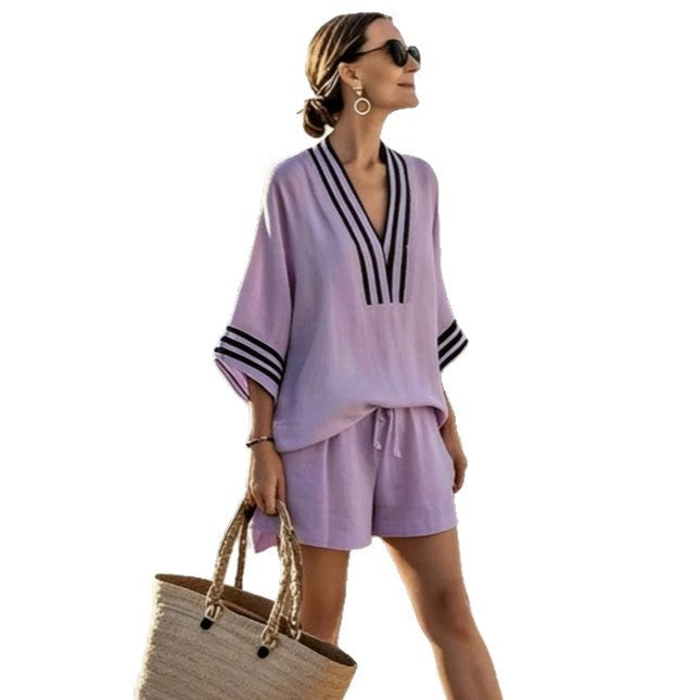 Women's Striped Ramie Bamboo Fiber V-Neck Flying Sleeve Loose Casual Top Summer Beach Vacation Shirt - Seldom Seen Styles