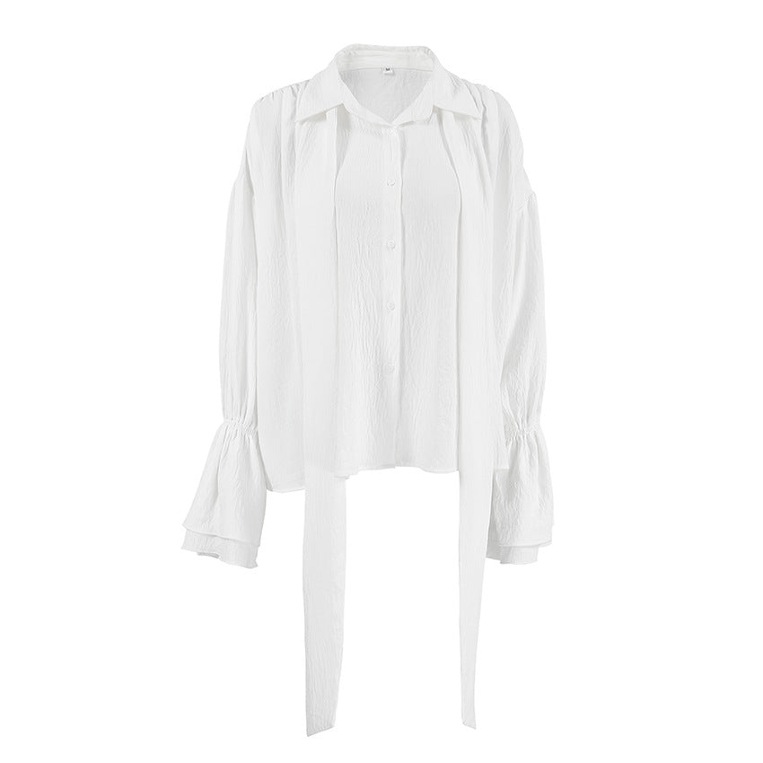 2025 autumn and winter new design sense commuter loose streamer shirt French design sense white horn sleeve top women - Seldom Seen Styles