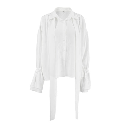 2025 autumn and winter new design sense commuter loose streamer shirt French design sense white horn sleeve top women