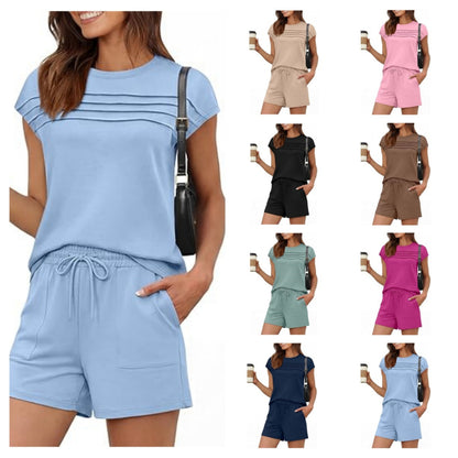 Women's Striped Two Piece Set Casual Loose Fit Crop Top and Shorts Summer Outfit