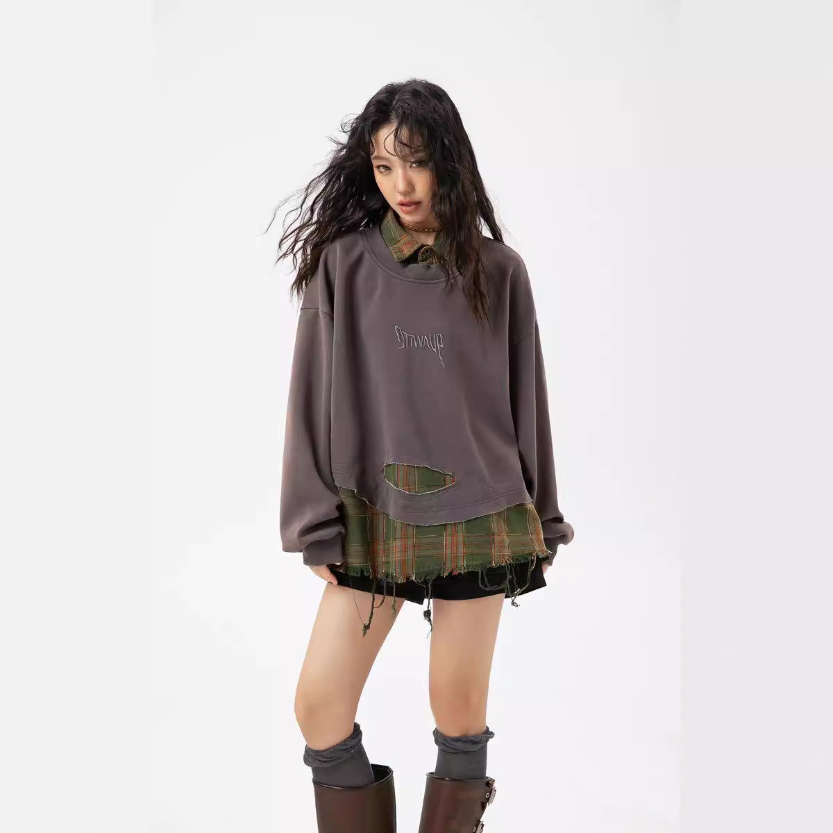American Retro Plaid Splicing Destroyed Raw Hem Lapel Sweatshirt Loose Couple Casual Trendy | Plaid Destroy Sweat