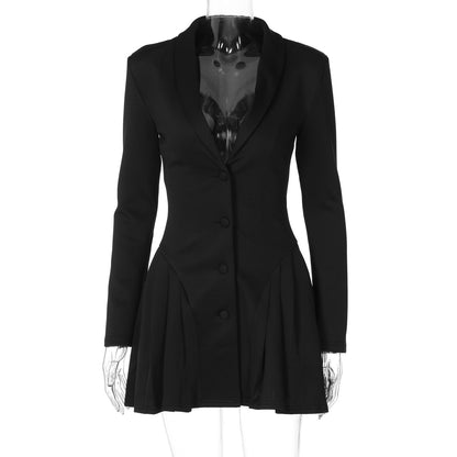 Neuer einfarbiger, sexy, dunkler V-Anzug, Hals-Cardigan im Royal Sister Style, kurzes Kleid mit Rüschensaum für Damen