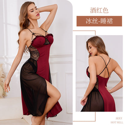 Women's Leopard Print Satin Nightgown French Lace Slip Dress Sexy Spaghetti Strap Sleepwear Maxi Nightdress with Matching Robe