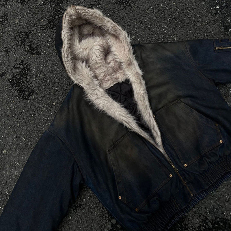 Washed Denim Fur Hooded Jacket