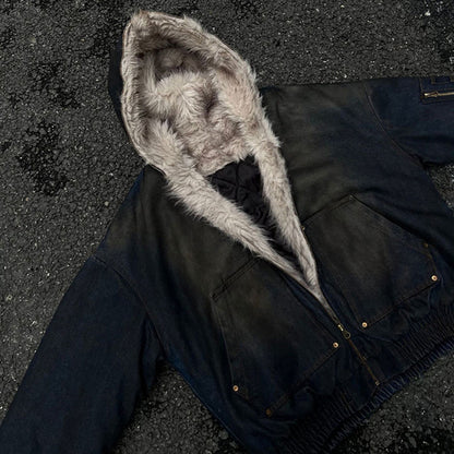 Washed Denim Fur Hooded Jacket