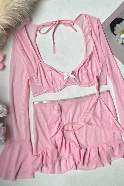 Pink Sheer Mesh Long Sleeves Wired Bra Thong Skirt Sexy 3Pc Lingerie Set