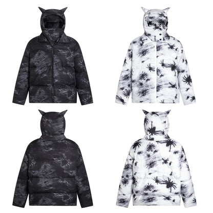 Women's American Street Masked Neckline Hooded Puffer Cotton Jacket Thickened Oversized Winter Coat Unisex Couple | Mask Hood Puffer