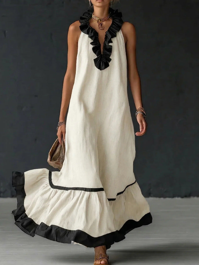 Women's Sleeveless V-Neck Ruffle Maxi Dress Loose Casual Summer Beach Vacation Long Vest Dress - Seldom Seen Styles