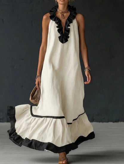 Women's Sleeveless V-Neck Ruffle Maxi Dress Loose Casual Summer Beach Vacation Long Vest Dress