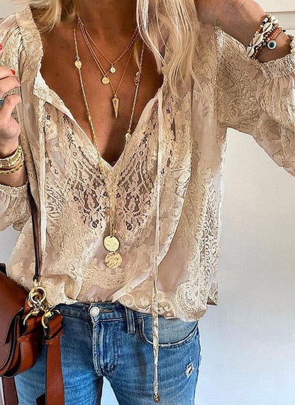 Women's Lace Blouse V Neck Long Sleeve Boho Top Floral Lace Peasant Shirt Casual Elegant Tunic
