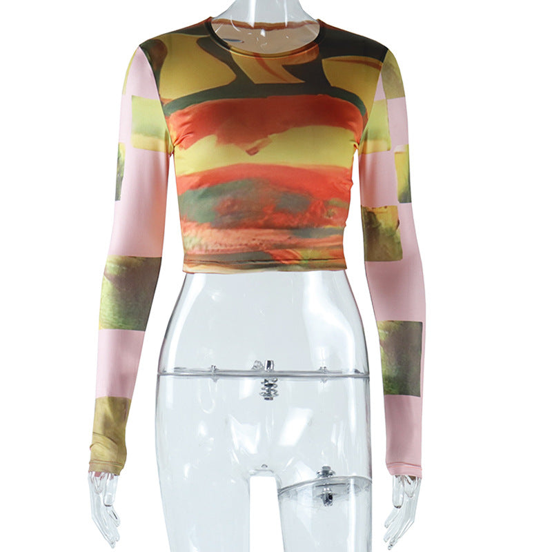 Tie Dyed Printed round Neck Long Sleeves Cropped Top T shirt Trendy - Seldom Seen Styles