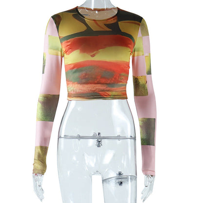 Gebunden Gefärbtes Bedrucktes Rundhals Langarm Crop Top T-Shirt Trendy