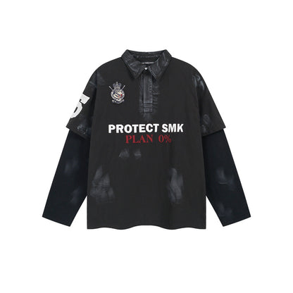 Women's High Street Plaster Dyed Fake Two-Piece Polo Shirt Washed Embroidered Splicing Long Sleeve Unisex | Plaster Polo Duo