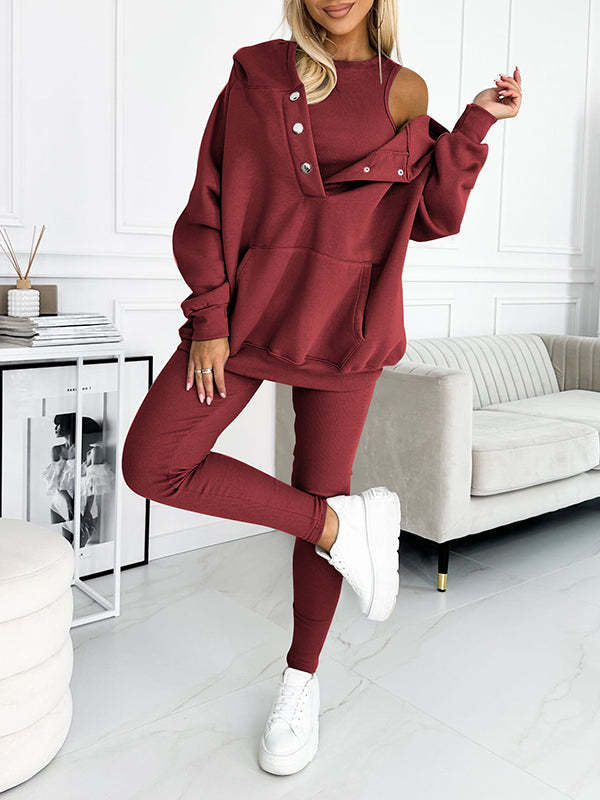 Women's Three Piece Lounge Set Hooded Sweatshirt Tank Top and Leggings Matching Tracksuit Casual Athleisure Outfit