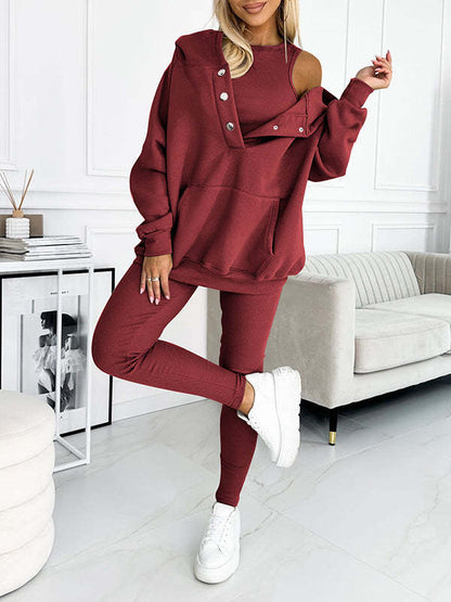 Women's Three Piece Lounge Set Hooded Sweatshirt Tank Top and Leggings Matching Tracksuit Casual Athleisure Outfit