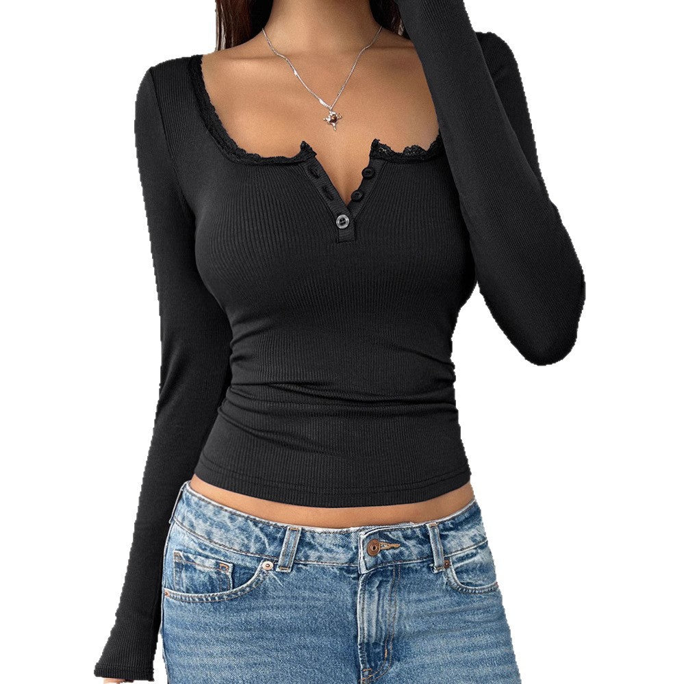 Women's Lace Button V-Neck Slim Fit Long Sleeve Top Casual Elegant Vacation Outfit - Seldom Seen Styles