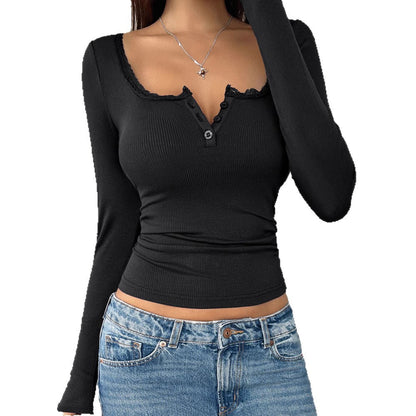Women's Lace Button V-Neck Slim Fit Long Sleeve Top Casual Elegant Vacation Outfit