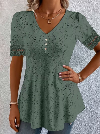 Women's V Neck Eyelet Lace Blouse Short Sleeve Tunic Top Casual Summer Shirt Boho Crochet Trim Top