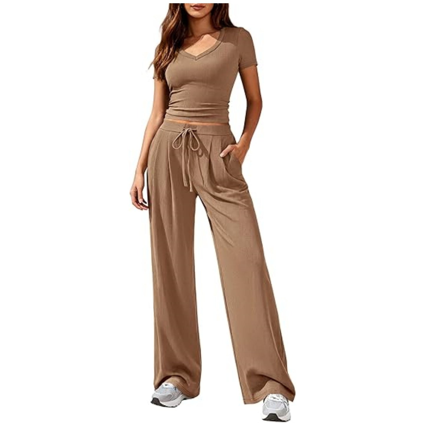 Women's Solid Color V-Neck Top Wide Leg Trousers Two Piece Set Casual Summer Vacation Outfit - Seldom Seen Styles
