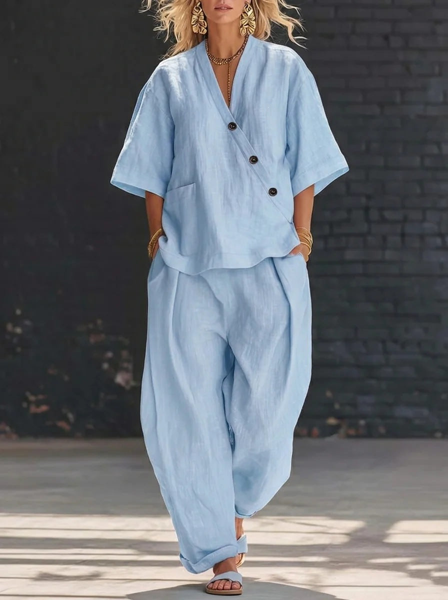 Women's V Neck Loose Short Sleeve Top High Waist Wide Leg Pants Two Piece Set Summer Casual Outfit - Seldom Seen Styles