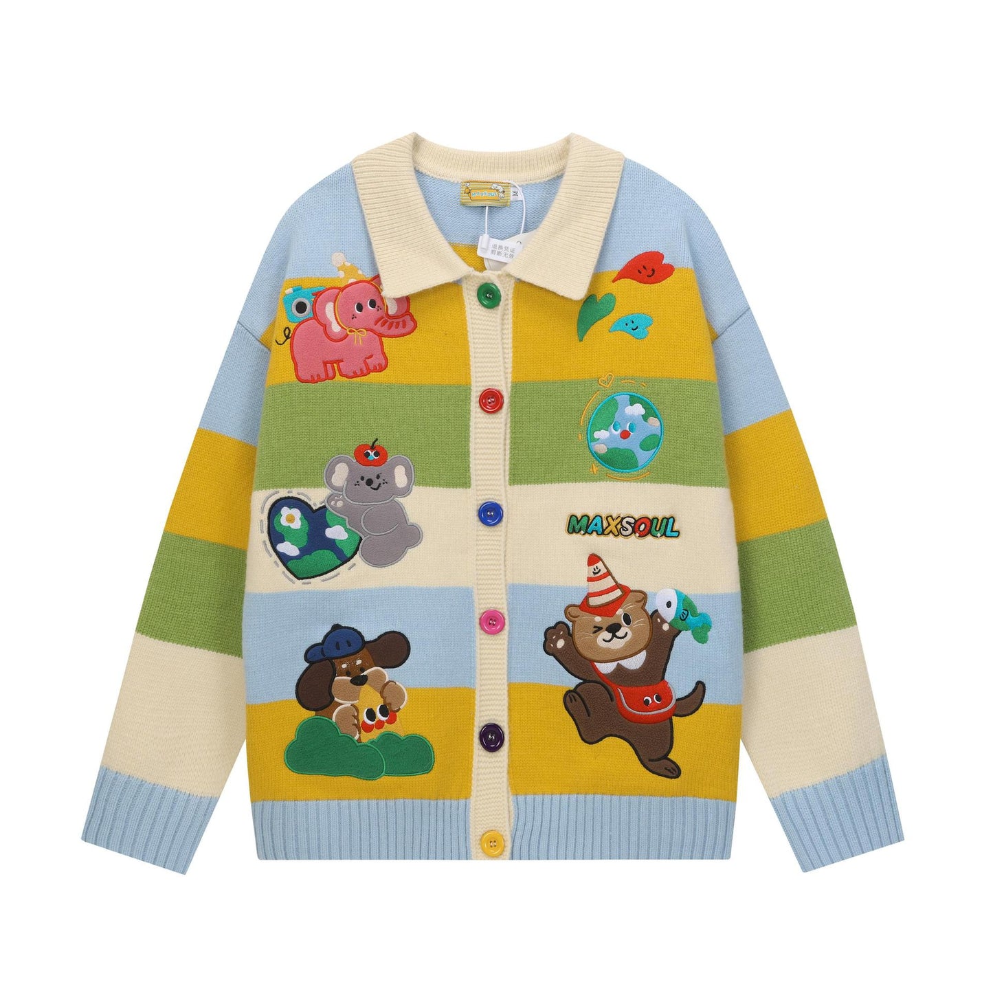 Cartoon Embroidery Colorful Striped Knit Cardigan Loose Fit Couple Casual Japanese Style Sweater Jacket | Stripe Toon Cardigan