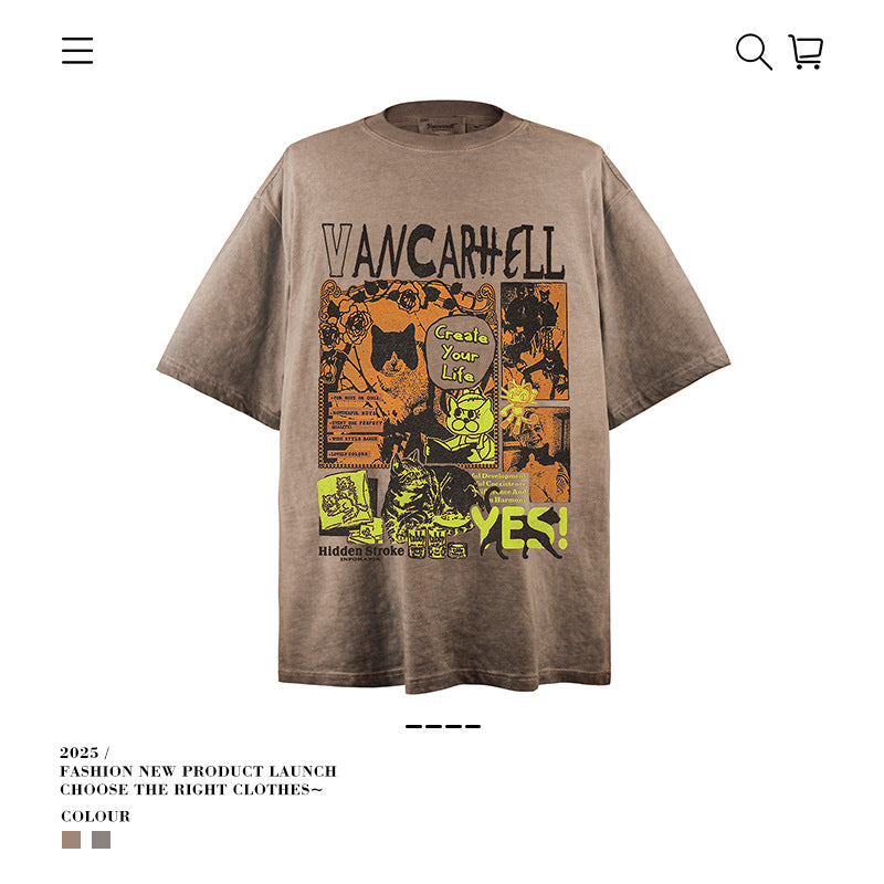 VANCARHELL "Create Your Life" Cat Collage Wash Tee