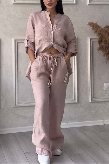 Women's Linen Two Piece Set Button Down Shirt and Wide Leg Pants Casual Matching Outfit Summer Vacation Co Ord Set
