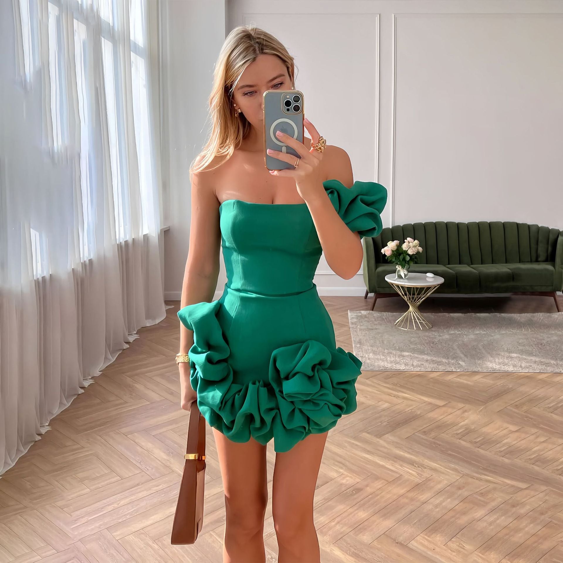 New gown, tight short skirt, irregular ruffled buds, cinched waist dress - Seldom Seen Styles