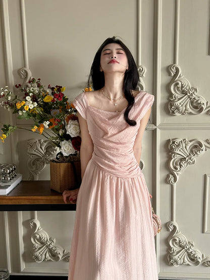 Elegant Off Shoulder Midi Dress – Slim Waist Soft Pink Summer Dress for Women