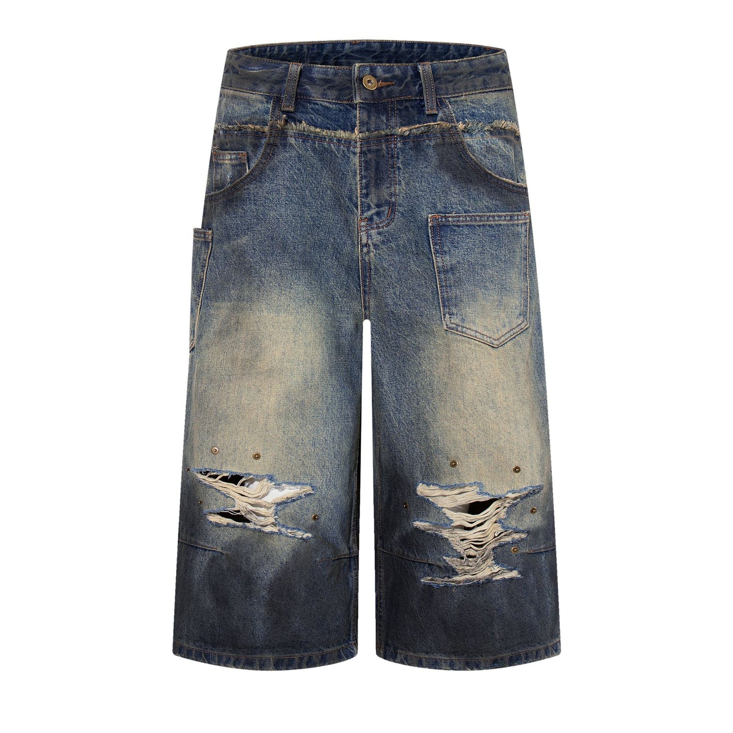 Street Hip-Hop Heavy Wash Ripped Denim Shorts Distressed Retro Cropped Jeans Casual Summer Streetwear Shorts | Grunge Denim