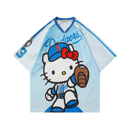Cartoon Sports Jersey V-Neck Short Sleeve T-Shirt Unisex Loose Fit Retro Splicing Couple Casual Graphic Tee | Jersey Toon