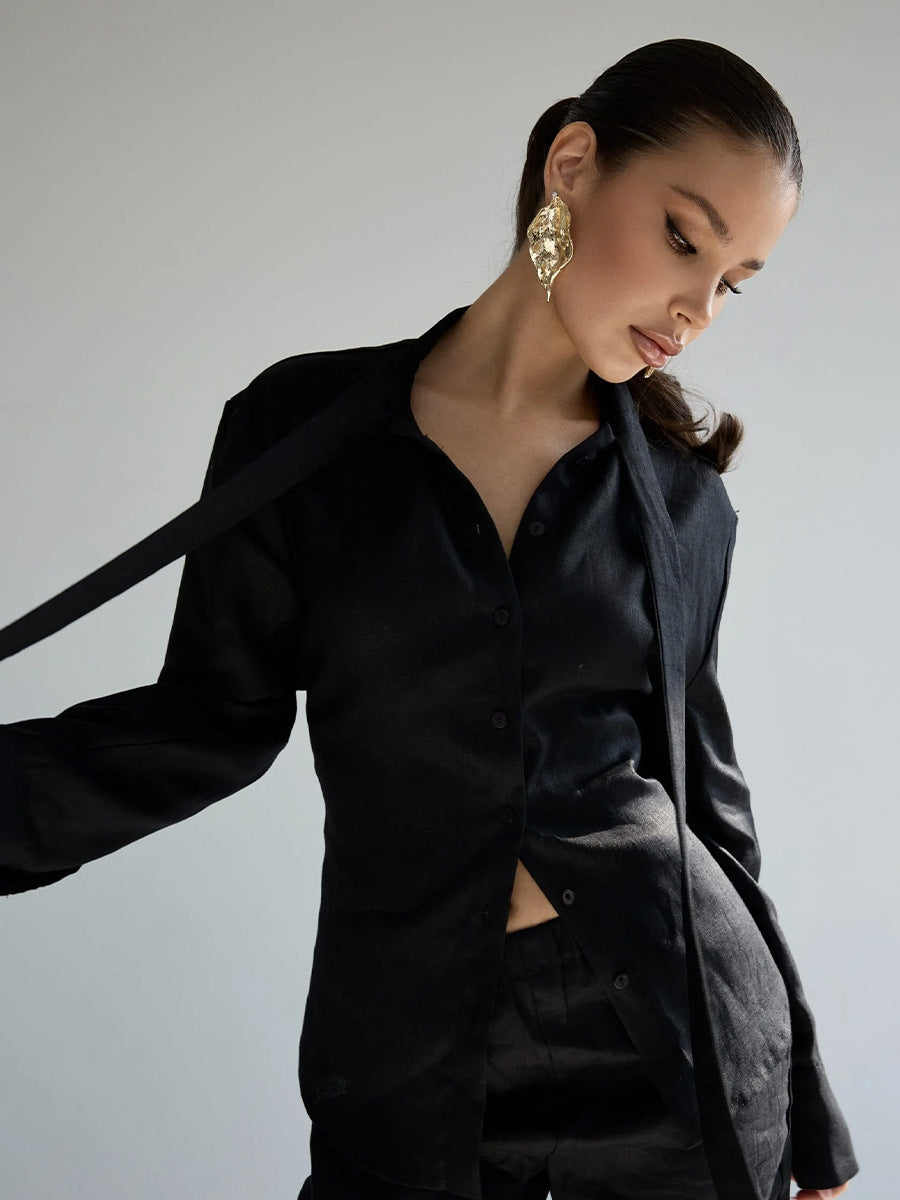 Strap-on shirt women's  autumn new streamer cardigan top commuter pure cotton slim-fit shirt women - Seldom Seen Styles