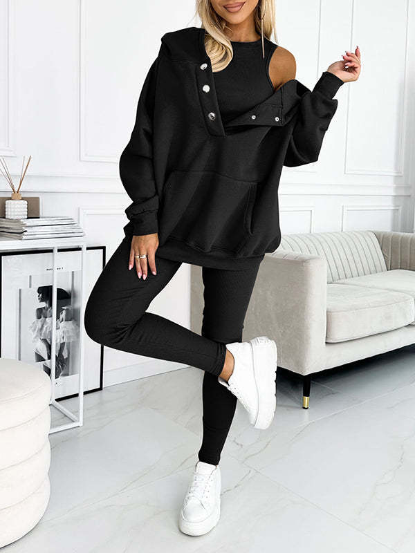 Women's Three Piece Lounge Set Hooded Sweatshirt Tank Top and Leggings Matching Tracksuit Casual Athleisure Outfit