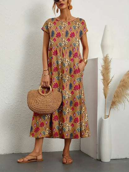 Women's Printed Cotton Linen Maxi Dress Casual Loose Summer Dress